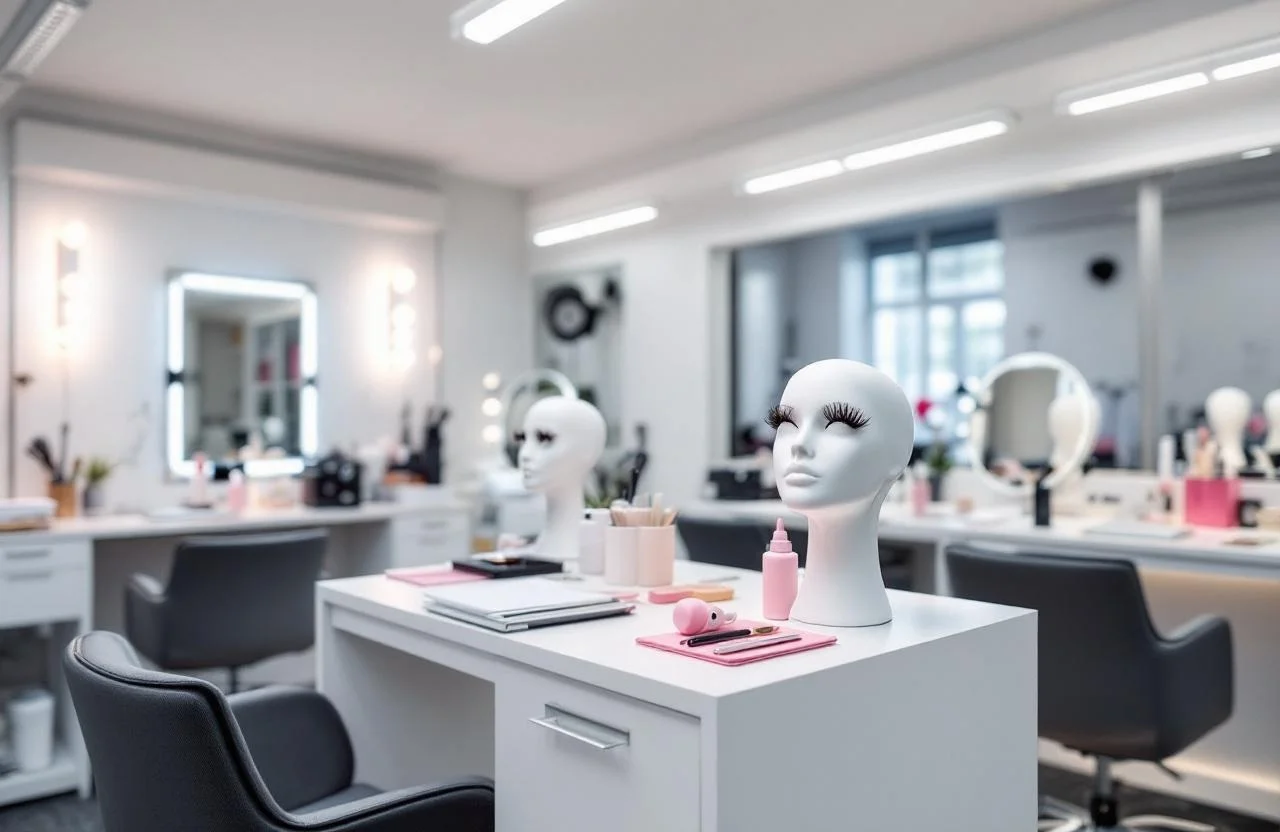 Liz Martin Academy classroom with lash and brow training equipment